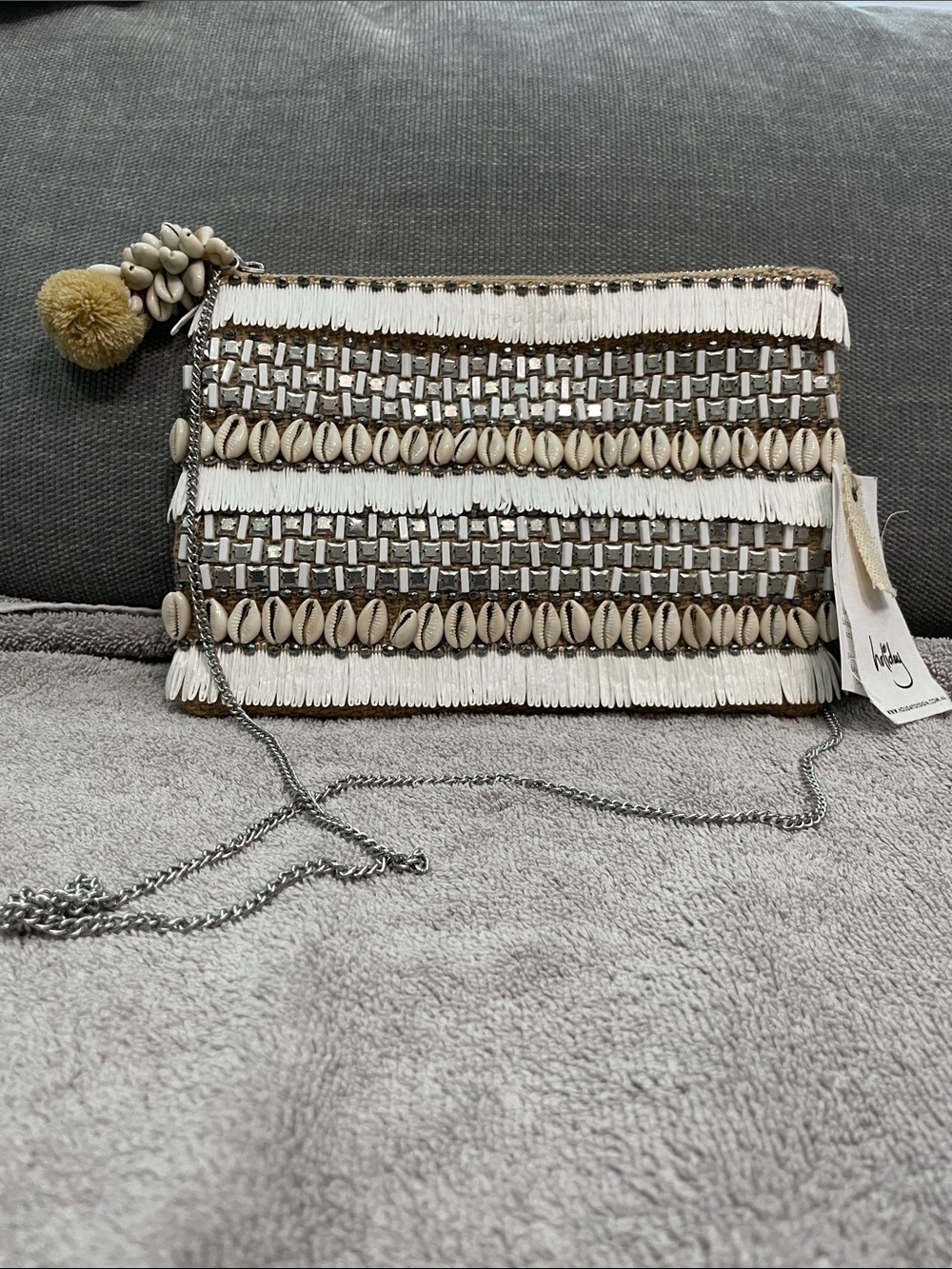 Handmade Shell-Trim White and Tan Clutch